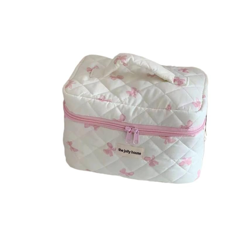 Women Cute Coquette Cosmetic Bag Quilted Bow Tie Cosmetics Pouch Fairycore Puffy Makeup Bag Preppy Zipper Pouch (L,Pink)