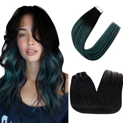RUNATURE Bundles with Clip in Hair Extensions Real Human Hair Black 14 Inch 120g 7pcs and Tape in Hair Extensions Human Hair Balayage Black to Teal Ombre Hair Extensions 14 Inch 40g 20pcs