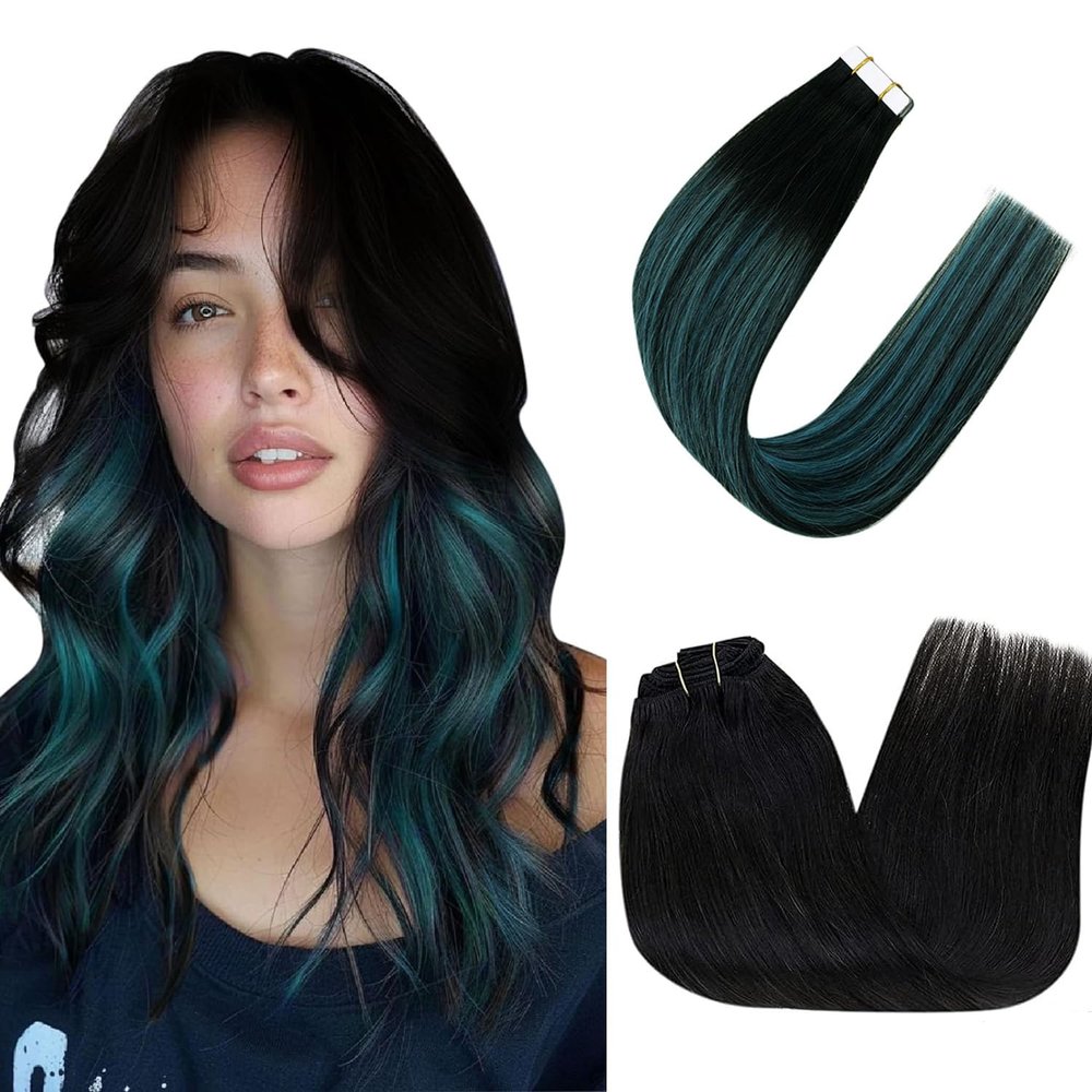 RUNATURE Bundles with Clip in Hair Extensions Real Human Hair Black 14 Inch 120g 7pcs and Tape in Hair Extensions Human Hair Balayage Black to Teal Ombre Hair Extensions 14 Inch 40g 20pcs