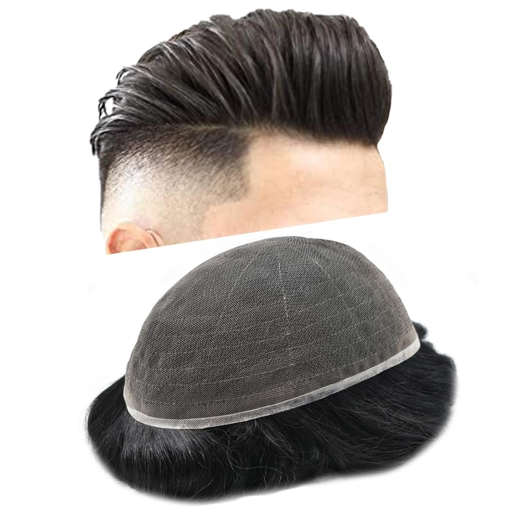 Swiss Lace Mens Toupee Full Lace European Hair Toupee For Men Natural Men Hair System 1B# Off Black, 8x10''-120% Med-light to Medium density