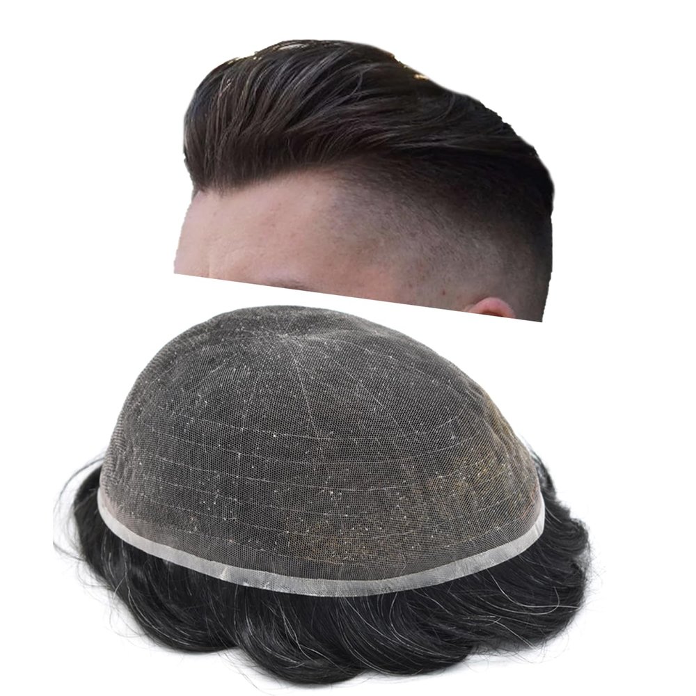 NinthAvenue Basics Swiss Lace Mens Toupee Hair Replacement System Full Lace European Hair Toupee For Men Natural Men Hair System (1B10# Off Black with 10% Synthetic Grey, 7x10''-120% Med-light to Medium density