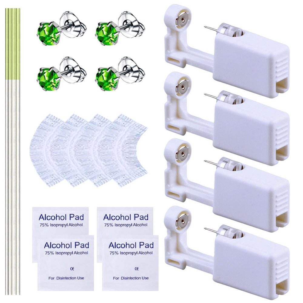 20 Pcs Ear Piercing Kit, Disposable Ear Piercing Gun Kit with 4 Pcs Self Piercing Gun, 4 Pcs Earrings Stud & Cleaning Tools(518 Crown Olive Green Zircon 5mm)