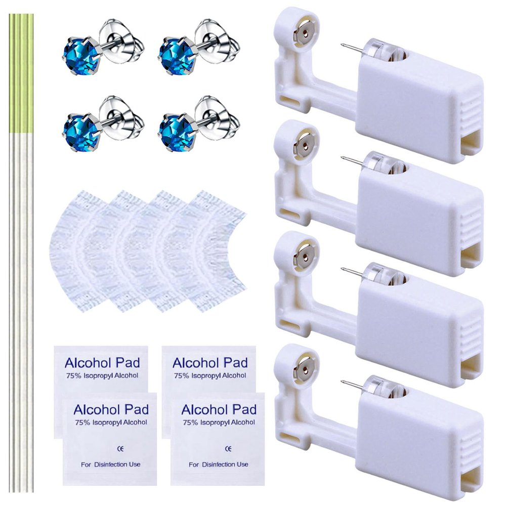 20 Pcs Ear Piercing Kit, Disposable Ear Piercing Gun Kit with 4 Pcs Self Piercing Gun, 4 Pcs Earrings Stud & Cleaning Tools(516 Crown Aquamarine Zircon 5mm)