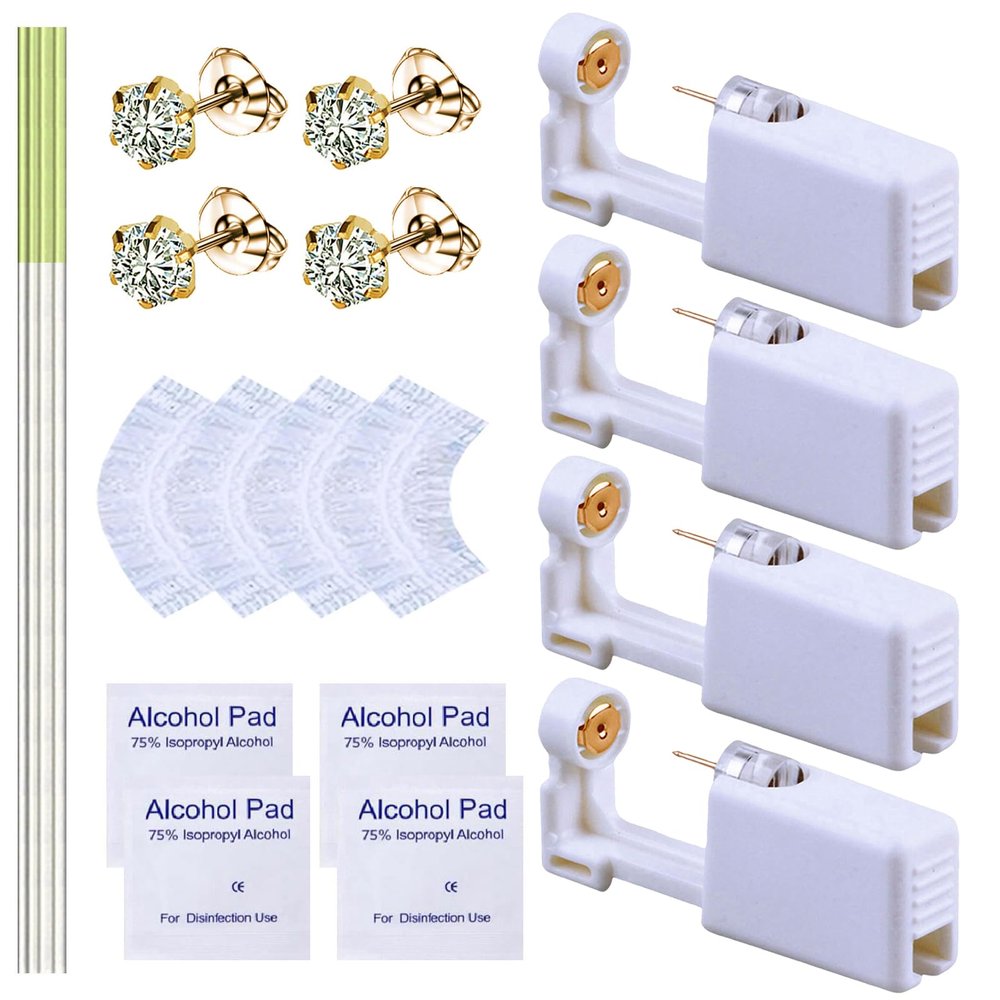 20 Pcs Ear Piercing Kit, Disposable Ear Piercing Gun Kit with 4 Pcs Self Piercing Gun, 4 Pcs Earrings Stud & Cleaning Tools(523 Gold-plated Crown White Zircon 5mm)