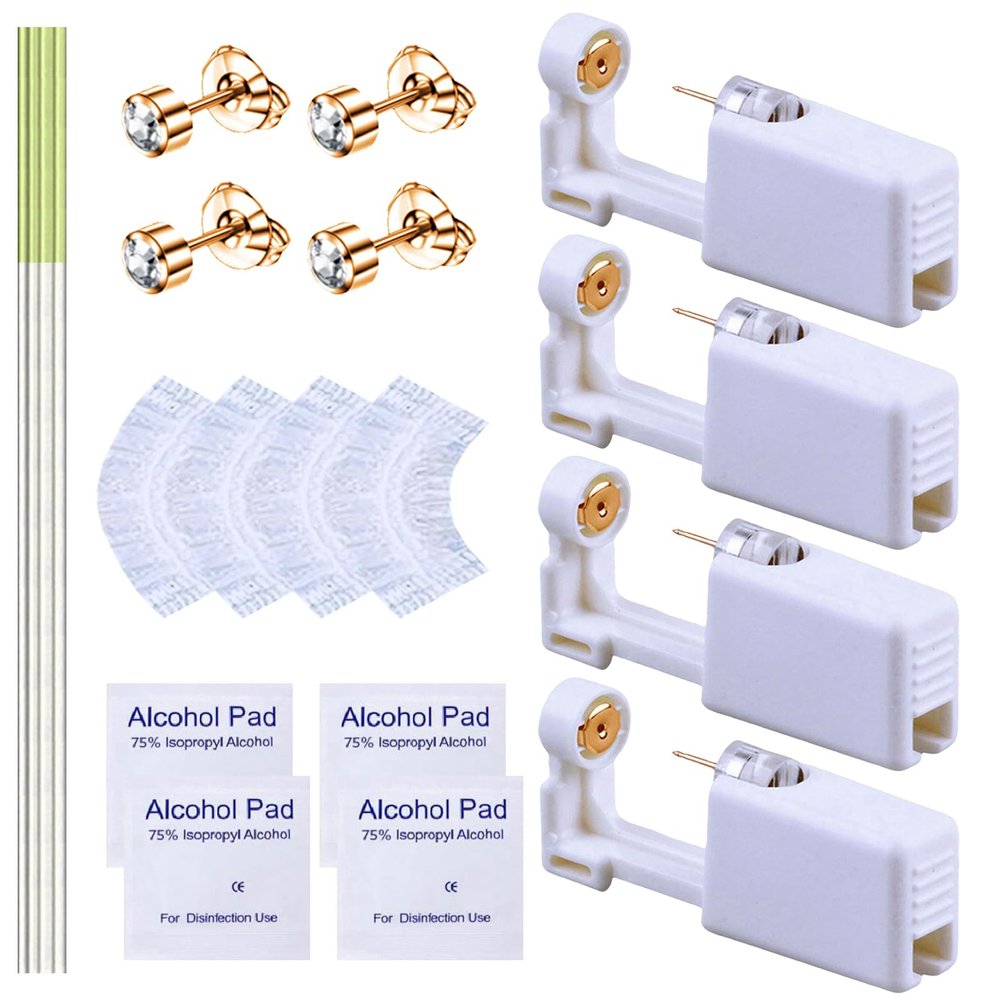 20 Pcs Ear Piercing Kit, Disposable Ear Piercing Gun Kit with 4 Pcs Self Piercing Gun, 4 Pcs Earrings Stud & Cleaning Tools(231 Golden White Zircon 4mm)