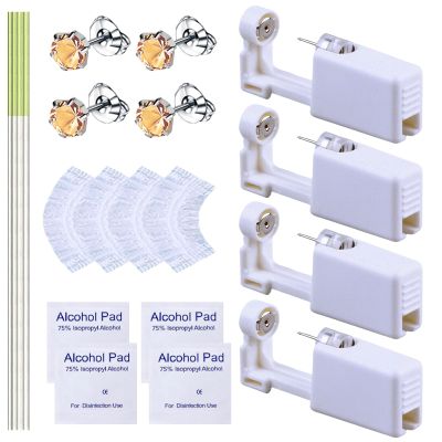 20 Pcs Ear Piercing Kit, Disposable Ear Piercing Gun Kit with 4 Pcs Self Piercing Gun, 4 Pcs Earrings Stud & Cleaning Tools(522 Crown Champagne Zircon 5mm)