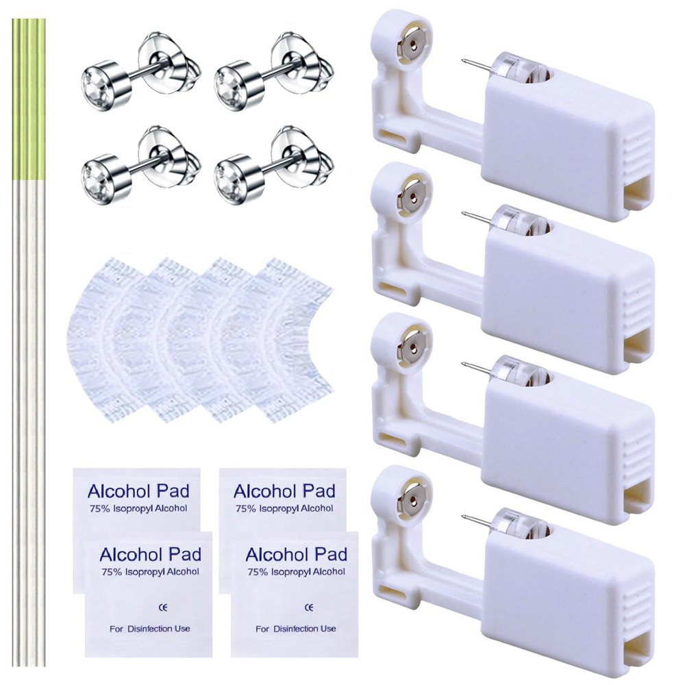 20 Pcs Ear Piercing Kit, Disposable Ear Piercing Gun Kit with 4 Pcs Self Piercing Gun, 4 Pcs Earrings Stud & Cleaning Tools(216 Classic White Diamond 4mm)