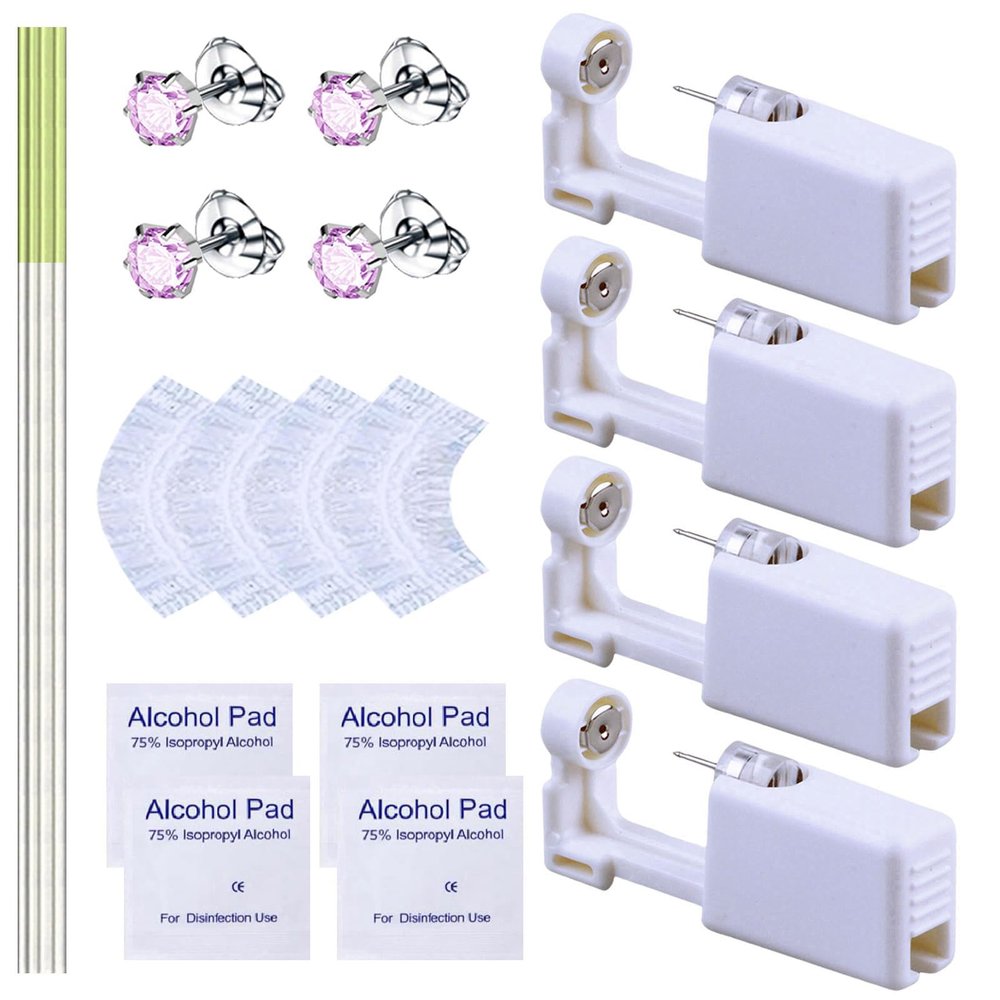 20 Pcs Ear Piercing Kit, Disposable Ear Piercing Gun Kit with 4 Pcs Self Piercing Gun, 4 Pcs Earrings Stud & Cleaning Tools(515 Crown Pink Zircon 5mm)