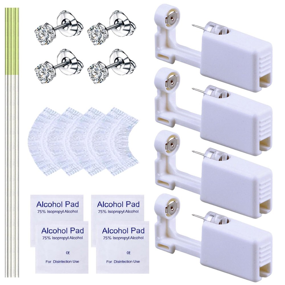 20 Pcs Ear Piercing Kit, Disposable Ear Piercing Gun Kit with 4 Pcs Self Piercing Gun, 4 Pcs Earrings Stud & Cleaning Tools(275 White Zircon 4mm)