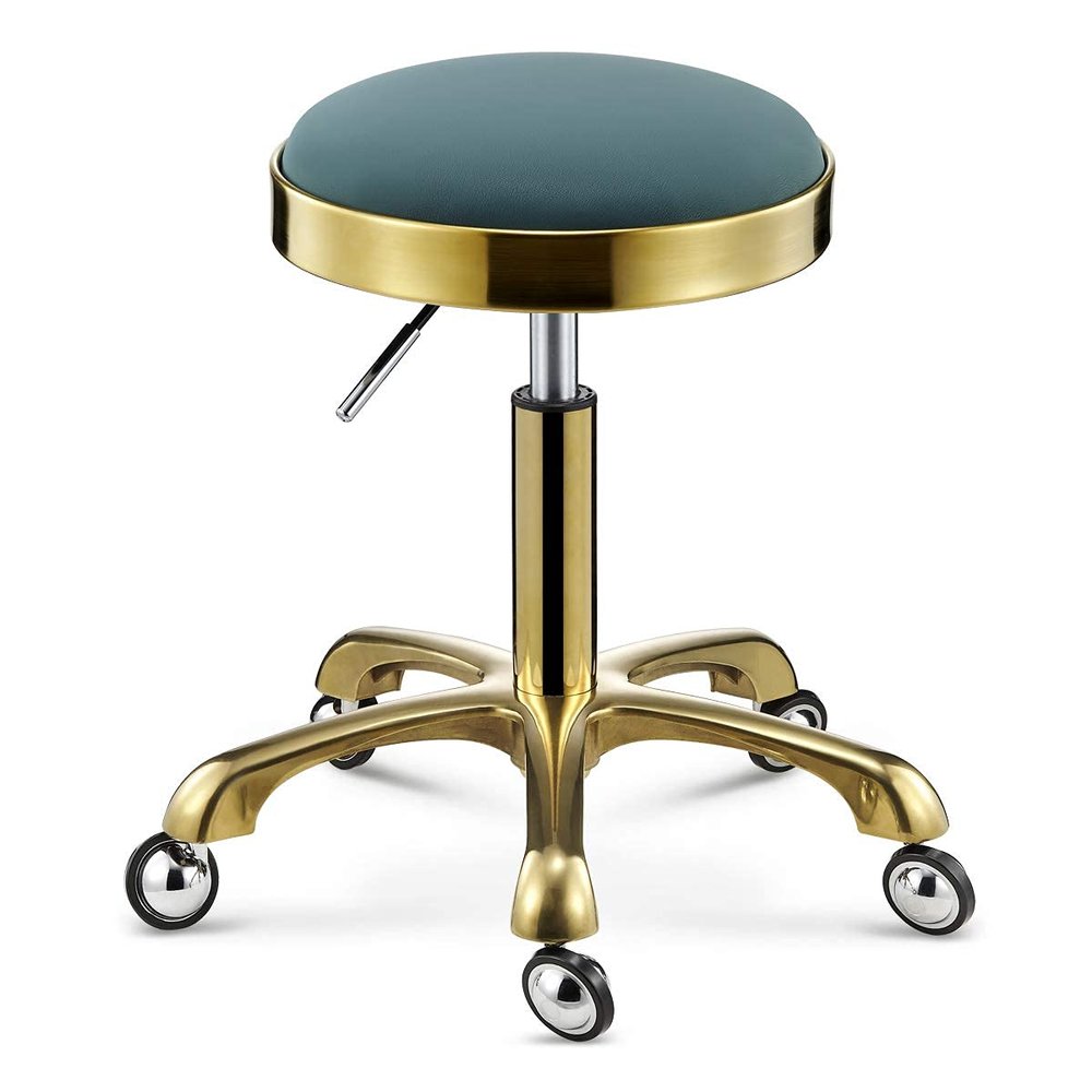 Generic Vintage Gold Round Rolling Stool PU Leather Adjustable Rolling Swivel Salon Stool Chair Tattoo Massage Facial Spa Stool Chair Rolling Massage Stool Chair on Wheels Blue