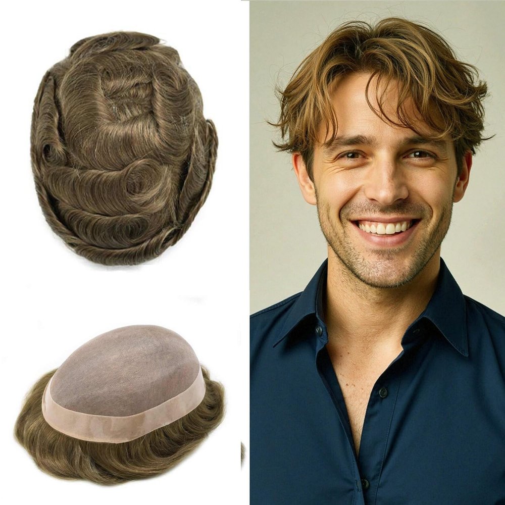 Hair Wonders Toupee Hair Piece For Men Hair Replacement System Real Human Hair Fine Mono Toupee For Mens Hair Pieces Men Toupee Hairpiece For Men 8x10 Medium light density18# MEDIUM BLONDE