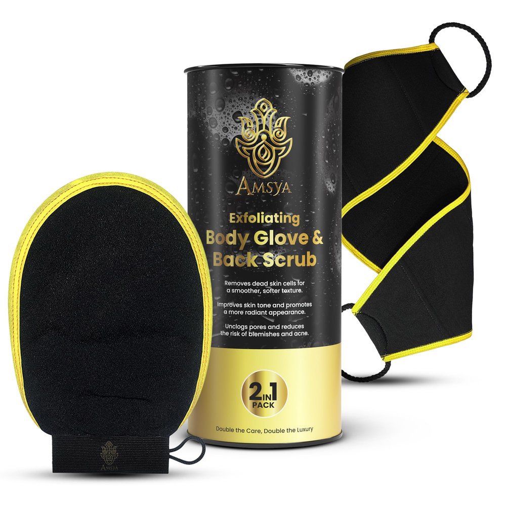 2-in-1 Natural Exfoliating Glove & Back Scrubber Bundle  Premium Korean Dead Skin Remover & Tanning Mitt Skincare Set for Smooth Skin  Body Exfoliator for Keratosis Pilaris & Strawberry Legs
