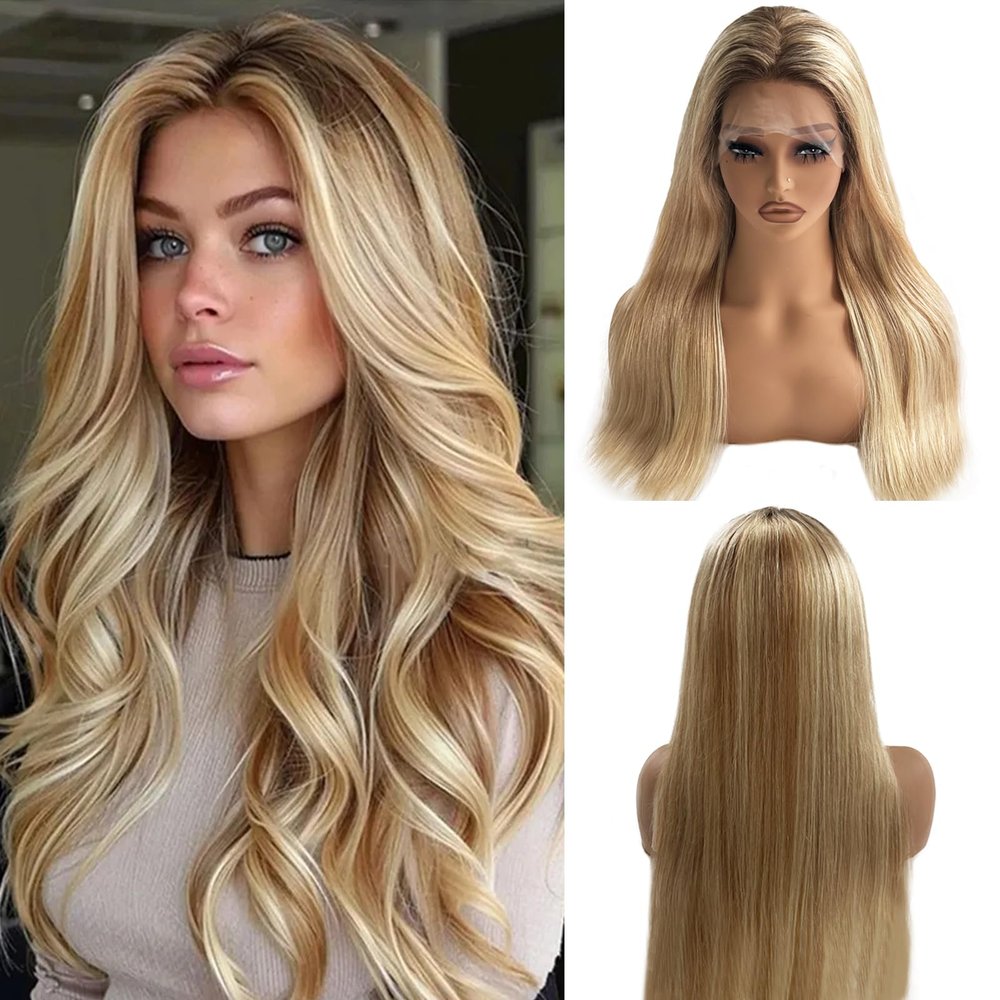 Belaved Long Straight Highlight Lace Front Wig Human Hair 150% Density 13X4 HD Transparent Glueless Wigs Human Hair Ombre Golden Brown to Blonde Balayage Lace Front Wig Pre Plucked Hairline 32 Inch