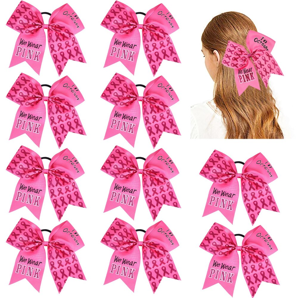 10pcs Breast Cancer Awareness Cheer Bows,7 Inches Pink Cheer Bows For Girls Women In October Cheerleading Hair Elastic Bands (Pink In October)