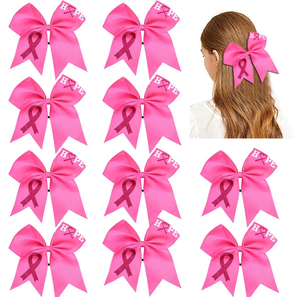 10pcs Breast Cancer Awareness Cheer Bows,7 Inches Pink Cheer Bows For Girls Women In October Cheerleading Hair Elastic Bands (Pink Hope)