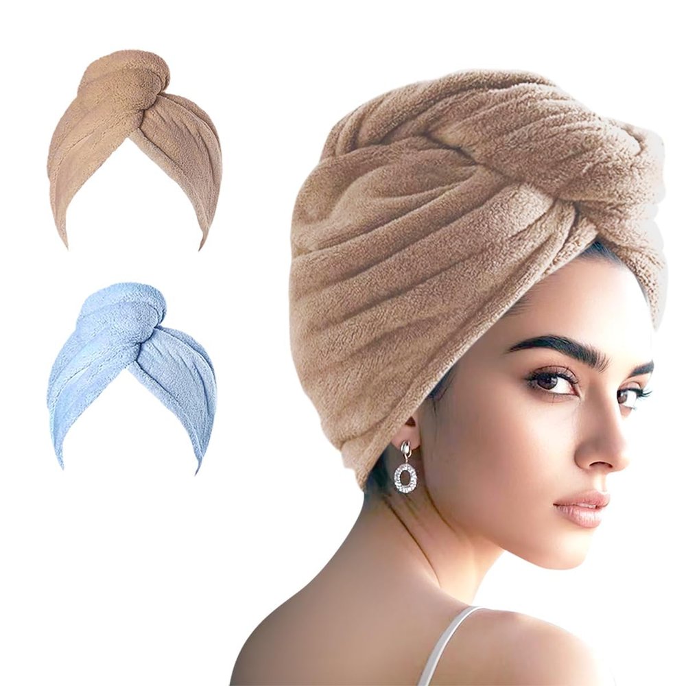AGKXHDEC 2 Packs Single Layer Microfiber Hair Turbans - Drying Wrap for Women (Blue, Brown)