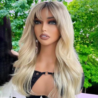Glueless Dark Root Ombre 613 Blonde Colored Lace Front Wigs Human Hair Transparent Lace Frontal Human Hair Wigs with Bangs for Women Pre Plucked (13x4 lace front wig, 18 inch)