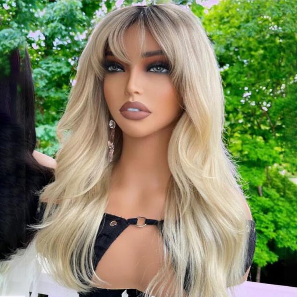 Glueless Dark Root Ombre 613 Blonde Colored Lace Front Wigs Human Hair Transparent Lace Frontal Human Hair Wigs with Bangs for Women Pre Plucked (13x4 lace front wig, 18 inch)