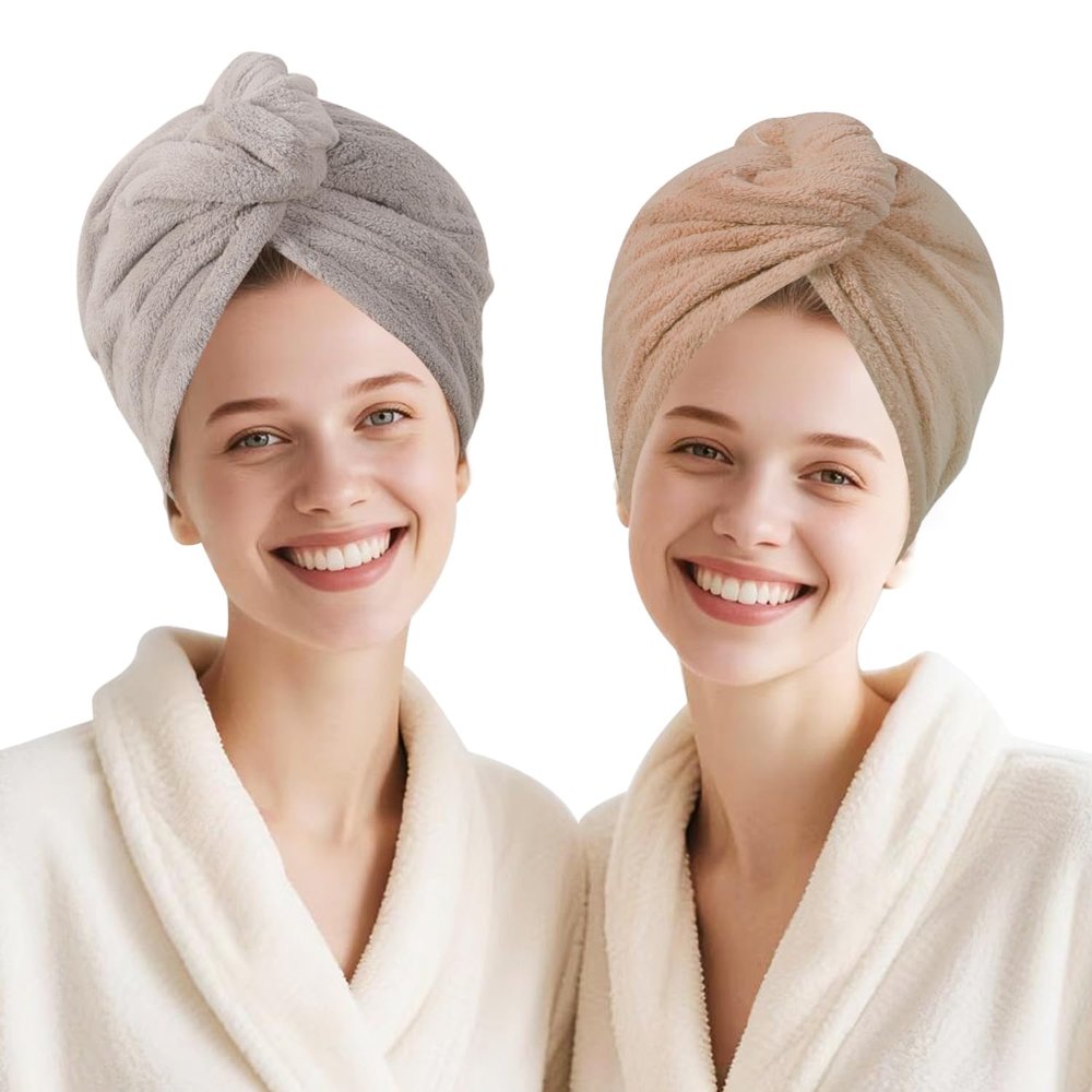 AGKXHDEC 2 Packs Single Layer Microfiber Hair Turbans - Drying Wrap for Women (Gray,Brown)