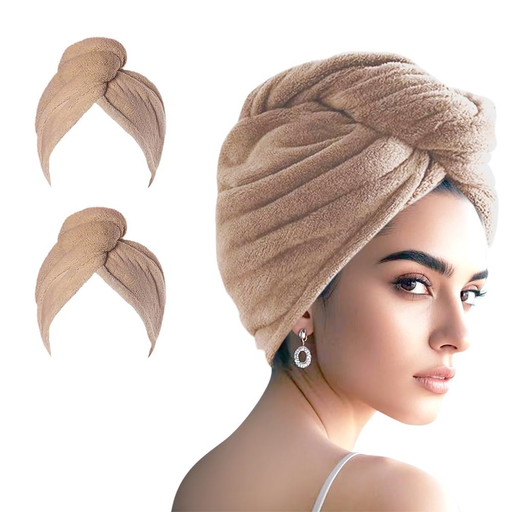 AGKXHDEC 2 Packs Single Layer Microfiber Hair Turbans - Drying Wrap for Women (Brown-2pcs)