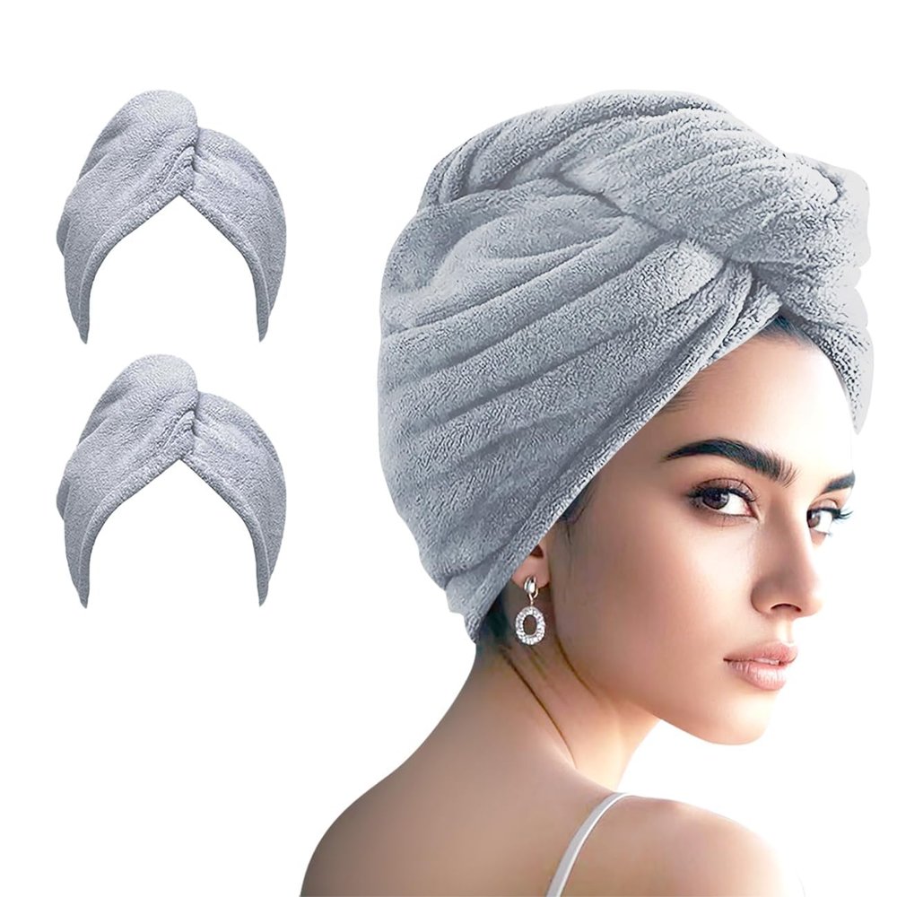 AGKXHDEC 2 Packs Single Layer Microfiber Hair Turbans - Drying Wrap for Women (Gray-2pcs)