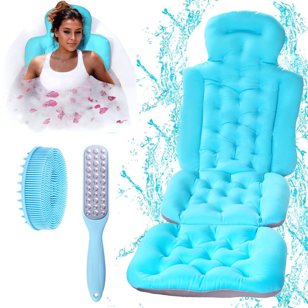 18.9 Widened Shoulder Full Body Bath Pillow for Bathtub,2.7 Ultra Thick Luxury Bath Pillow Cushion Bath Mat for Head and Neck Support with Laundry Bag,Body Brush and Foot File Callus Remover.(Blue)
