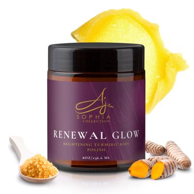 AJ Sophias Turmeric Body Polish Scrub  Renewal Brightening & Exfoliating Skincare with Vitamin E & Glycerin  Body Scrub for Glowing Skin, Dark Spots, Uneven Tone & Texture  All Skin Types, 8 fl oz