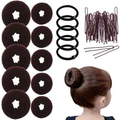 10 Pcs Hair Bun Maker - Donut Bun Maker for Hair(5 medium and 5 small),Ballet Bun for Women and Kids with Elastic Hair Ties, Hair Pins(Brown)
