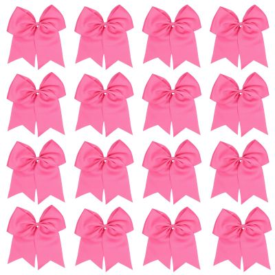 16 Pcs Large Cheer Hair Bows Grosgrain Ribbon Elastic Bands Handmade Ponytail Holder For Cheerleading Girls School College Sports (Large Pink)