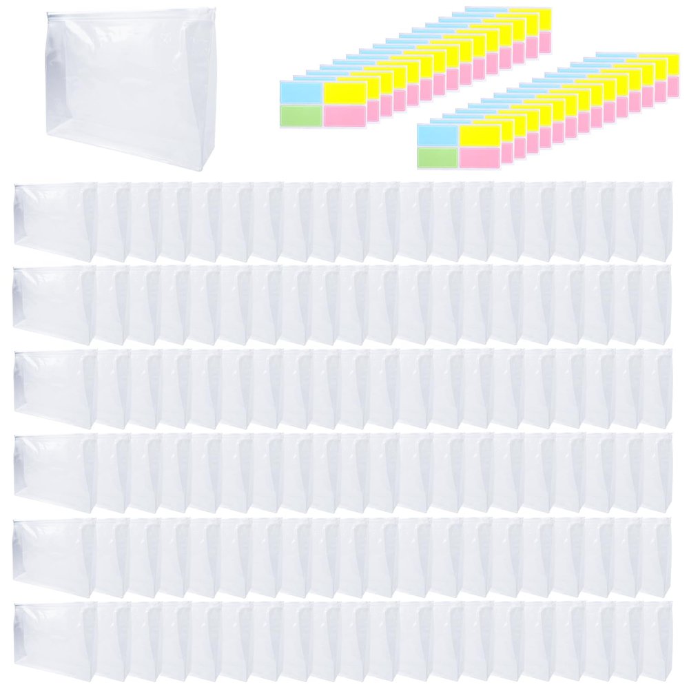 120 Pcs Mini Clear Makeup Bag 9.8 x 7.1 x 2.6 Inch Toiletry Organizer Pouches with 120 Labels Small PVC Waterproof Cosmetic Bags Transparent Zipper Bag for Organizing Women Travel Vacation Supplies