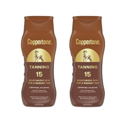 Coppertone Tanning Lotion SPF 15  Lightweight, Non-Greasy Sunscreen for a Radiant Tan, Water Resistant, 8 fl oz (Pack of 2)