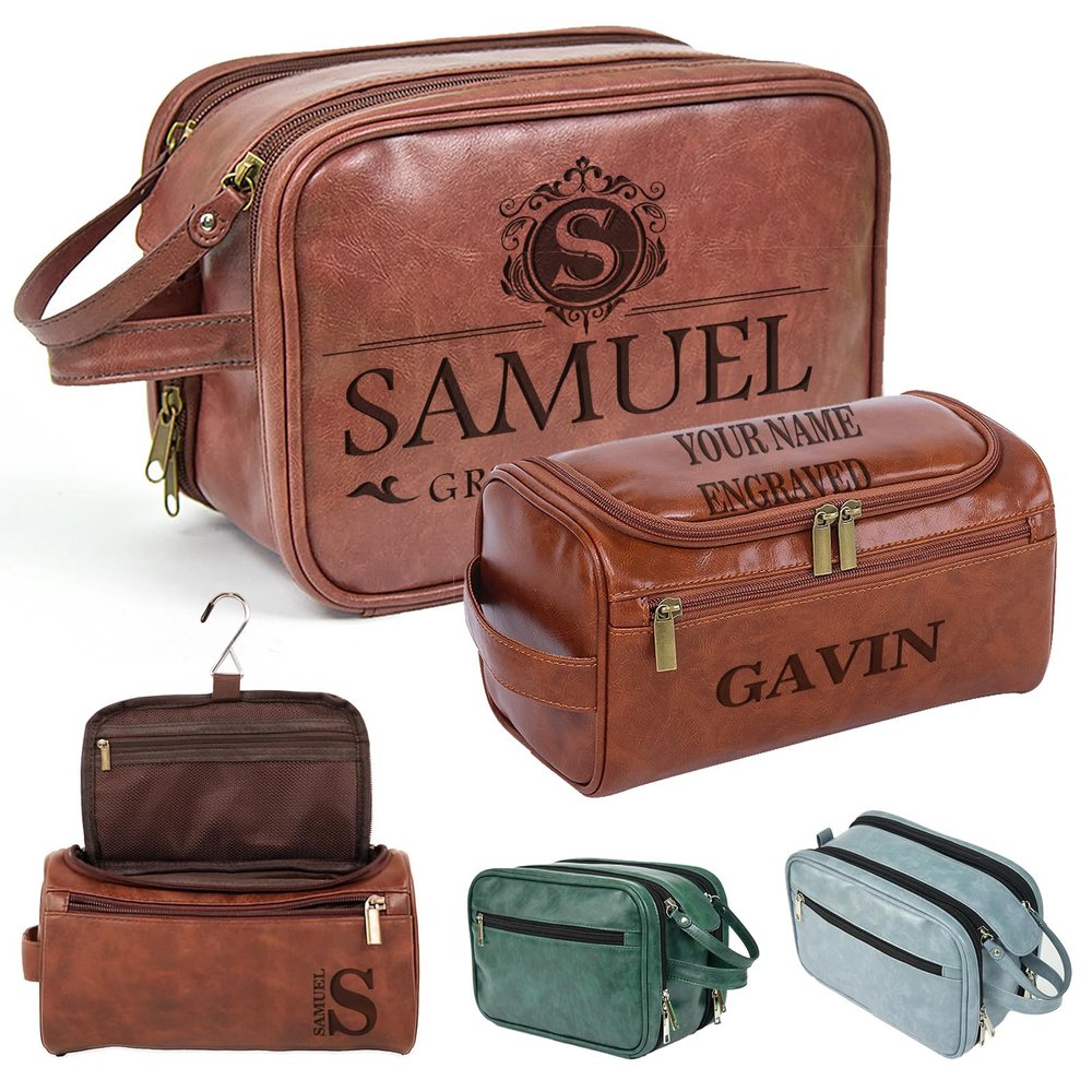 Oqeiplx Personalized Leather Toiletry Bag for Men,Custom Engraved Travel Shaving Dopp Kit Bag,Customized Name&Logo Personalized Gift for Father's Day