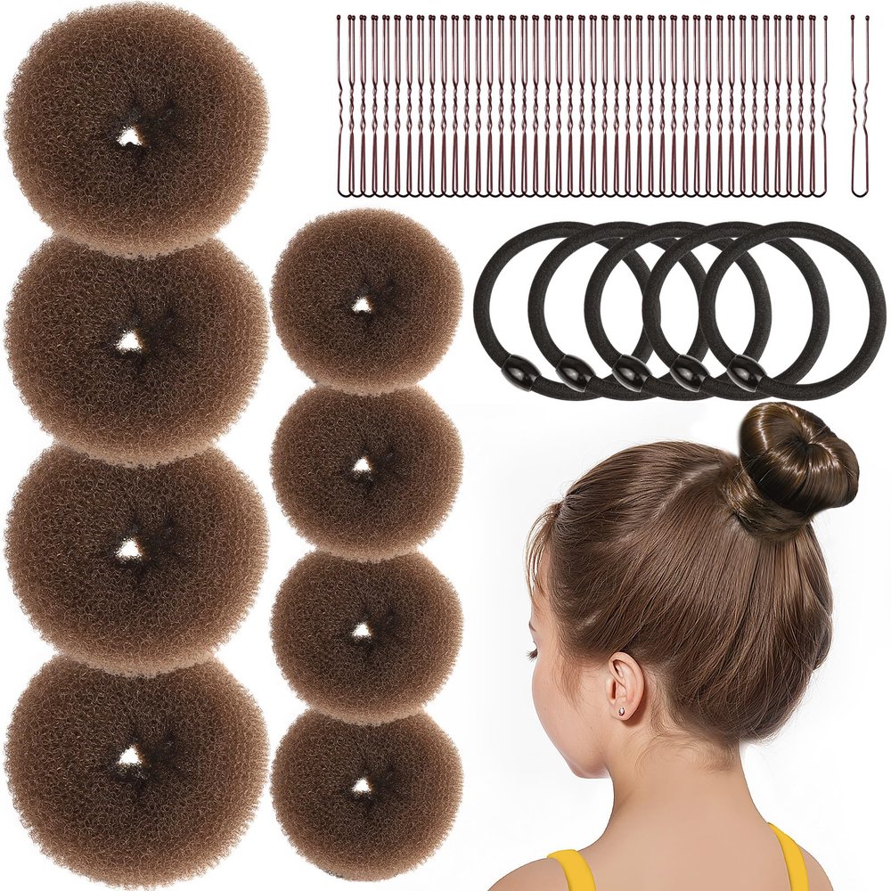 FANDAMEI Donut Hair Bun Makers Set of 4 for Kids, 4 Extra Small Ballet Buns, Elastic Hair Ties, and Hair Pins (Light Brown)
