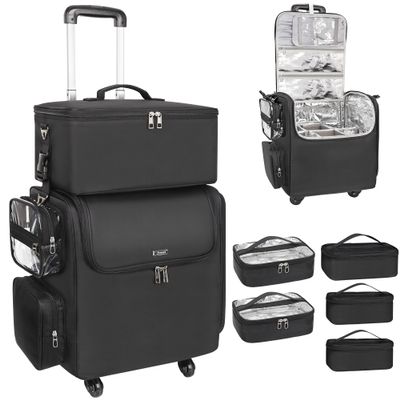Relavel Rolling Makeup Train Case with Large Makeup Case, Hairstylist Traveling Bags with 5 Small Clear Bags, Cosmetology Case on Wheels, Hair Tools and Cosmetics Storage Organizer Trolley Suitcase