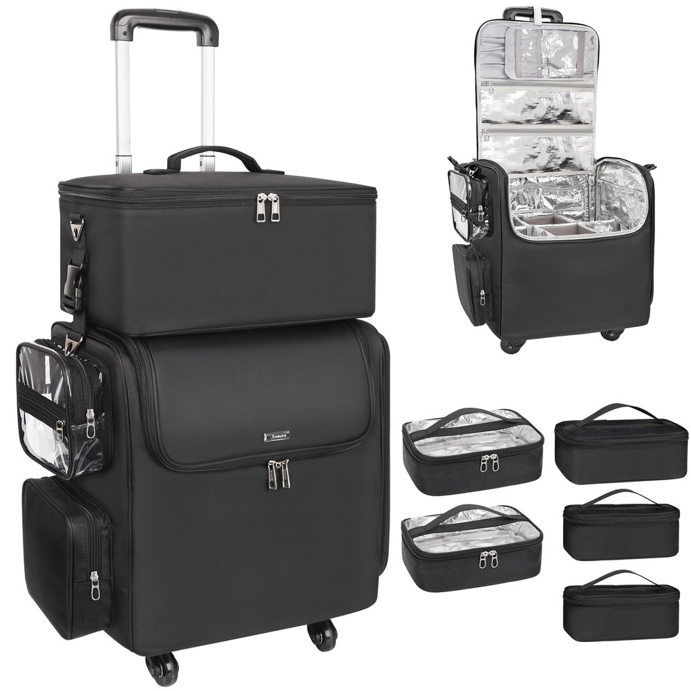 Relavel Rolling Makeup Train Case with Large Makeup Case, Hairstylist Traveling Bags with 5 Small Clear Bags, Cosmetology Case on Wheels, Hair Tools and Cosmetics Storage Organizer Trolley Suitcase
