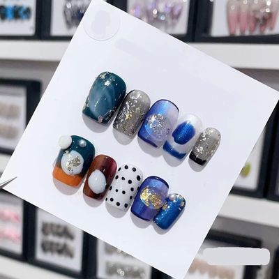 Handmade Long and Short Nail Patches for Artificial Nail Enhancement(Color:19568,Size:XS)