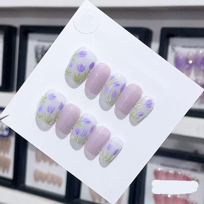 Handmade Long and Short Nail Patches for Artificial Nail Enhancement(Color:19548,Size:S)