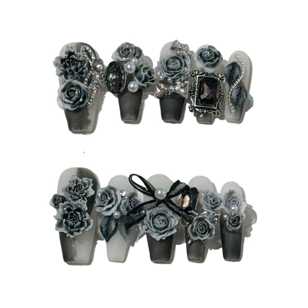 Handmade Nail Wearing and Nail Sculpture with Black Rose Ink Nail Fake Nails(Size:S)