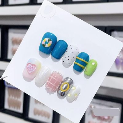 Handmade Long and Short Nail Patches for Artificial Nail Enhancement(Color:19551,Size:S)