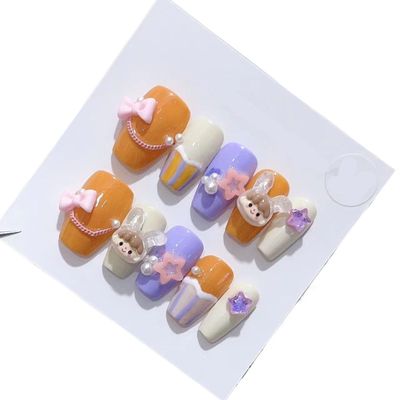 Handmade Long and Short Nail Patches for Artificial Nail Enhancement(Color:19555,Size:XS)
