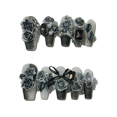 Handmade Nail Wearing and Nail Sculpture with Black Rose Ink Nail Fake Nails(Size:M)