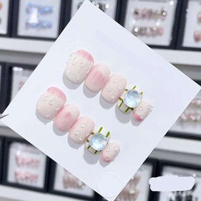 Handmade Long and Short Nail Patches for Artificial Nail Enhancement(Color:19567,Size:S)