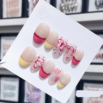 Handmade Long and Short Nail Patches for Artificial Nail Enhancement(Color:19569,Size:XS)