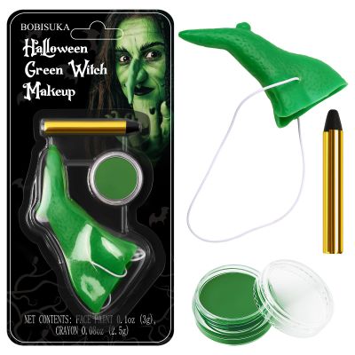 Green Face Paint with Fake Nose Witch Makeup Kit Halloween Character Set for Kids Adults, Safe Non-Toxic Cream Face Painting Kit for Stage, Costume Party, Dress Up Cosplay & Special FX Make-Up