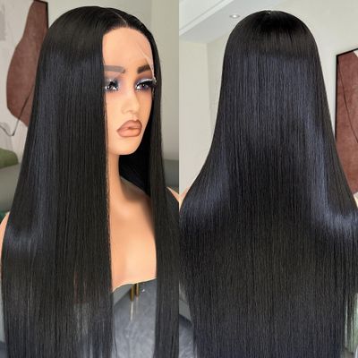 Black Lace Wig, Synthetic Long Straight Wig Preplucked Glueless Ready To Wear Wig For Women (1B Black, 30 Inch)