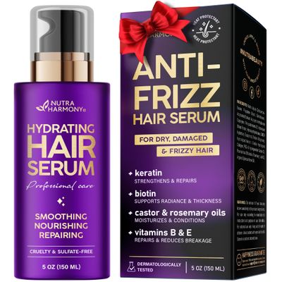 NUTRAHARMONY Hydrating Hair Serum  Keratin Hair Treatment for Dry, Frizzy, Damaged Hair  Biotin, Castor & Rosemary Oils  AntiFrizz, Heat Protectant & Split Ends Repair for Smooth, Shiny Hair, 5oz