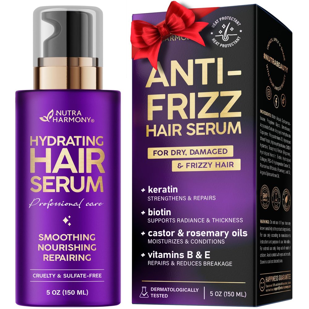 NUTRAHARMONY Hydrating Hair Serum  Keratin Hair Treatment for Dry, Frizzy, Damaged Hair  Biotin, Castor & Rosemary Oils  AntiFrizz, Heat Protectant & Split Ends Repair for Smooth, Shiny Hair, 5oz