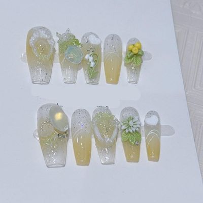 ZIIVIEVS Fresh French Handmade Nail Polish and Artificial Nails with Three Dimensional Flowers(Color:Long,Size:XS), 1 Count (Pack of 1)