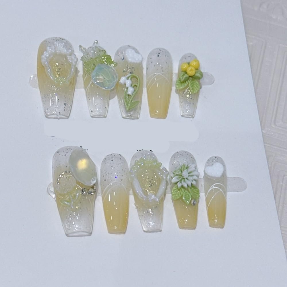 ZIIVIEVS Fresh French Handmade Nail Polish and Artificial Nails with Three Dimensional Flowers(Color:Long,Size:XS), 1 Count (Pack of 1)