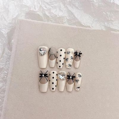 ZIIVIEVS Handmade Wearing Nail with Long French Bow, Detachable Nail Patch, False Nail(Size:S), 1 Count (Pack of 1)
